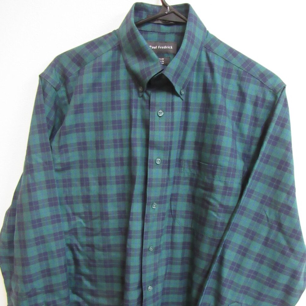 Paul Fredrick Classic Fit Blue Green Plaid Long Sleeve Button Down Shirt 15.5/34